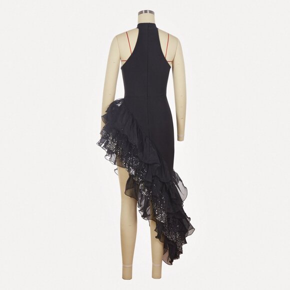 Black Halter Ruffle Sequin Gown - Asymmetrical Maxi Dress! - Picture 8 of 16